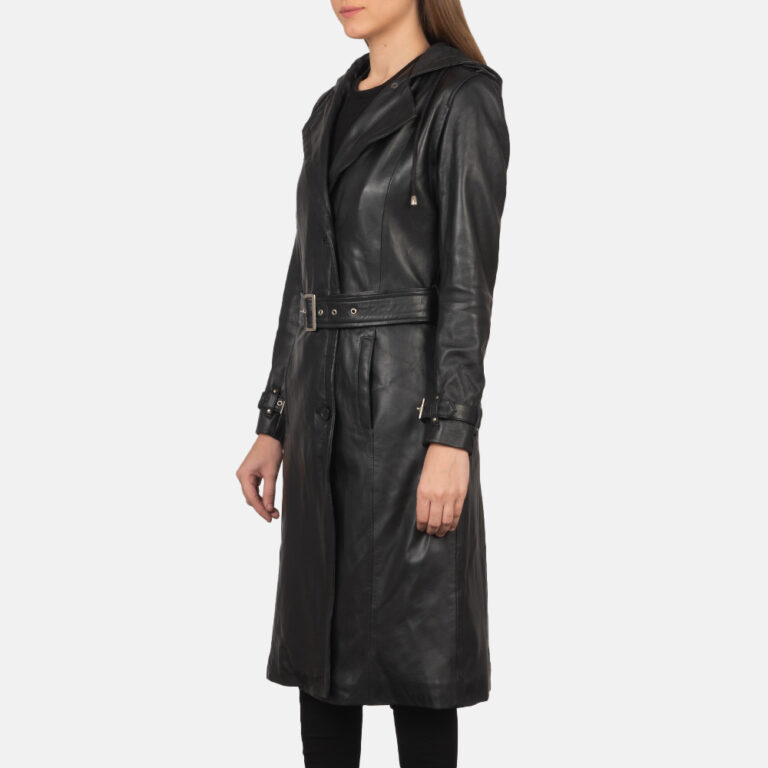 Womens Fixon Hooded Black Trench Coat Close Front-5-1659446491082